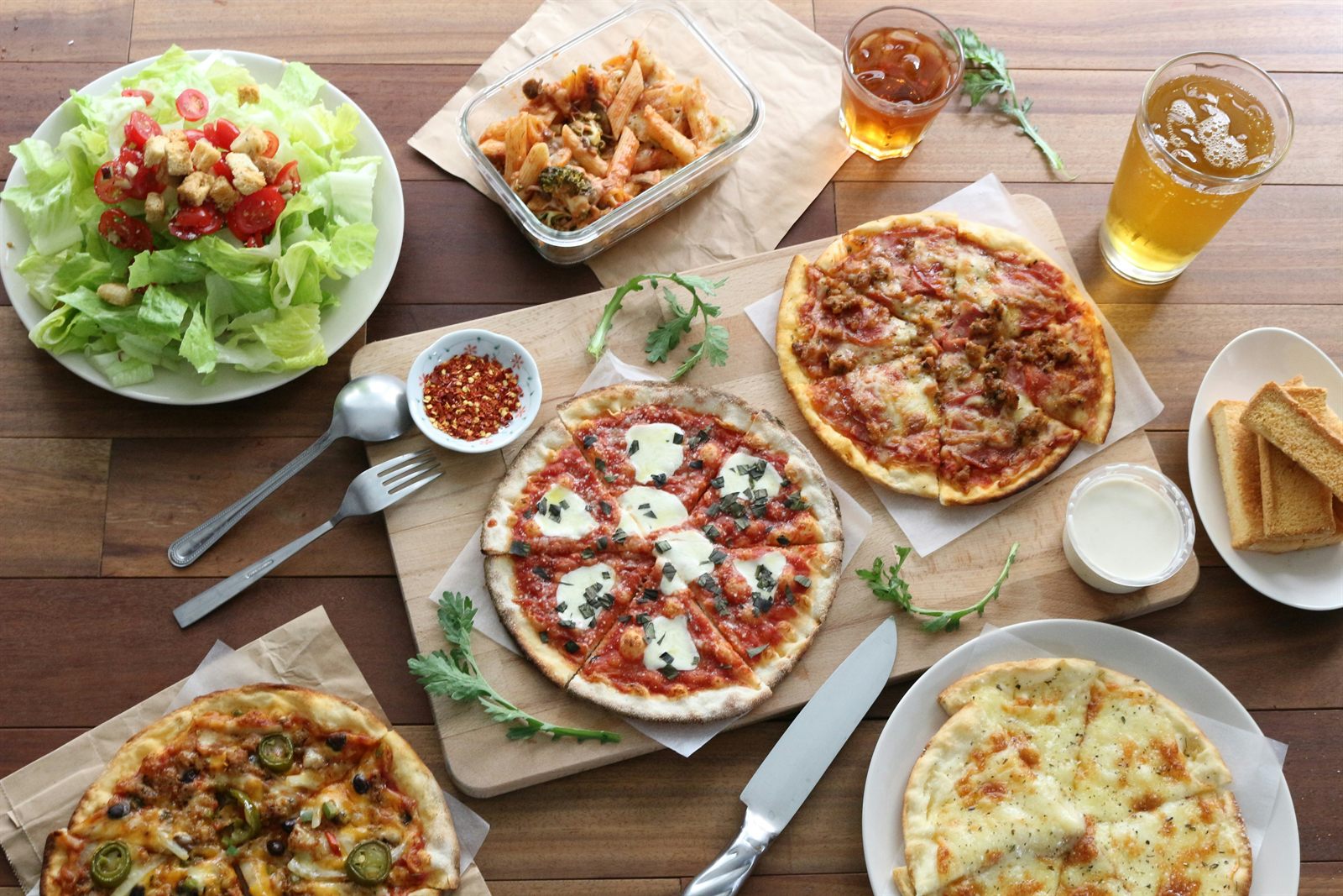 Luna Pizzeria table spread